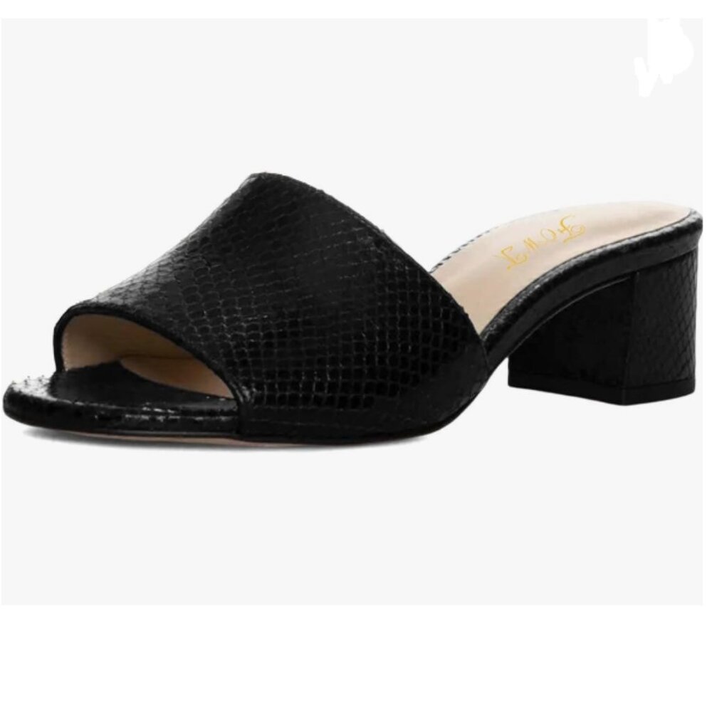 FOWT Black Round Open Toe Mules Block Low Heel Slippers Slip on Casual Sandal